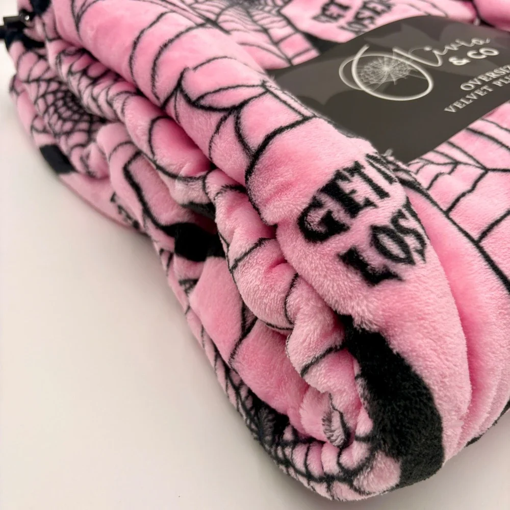 Olivia & Co Pink Black Halloween Get In Loser Coffin Spiderweb Throw Blanket